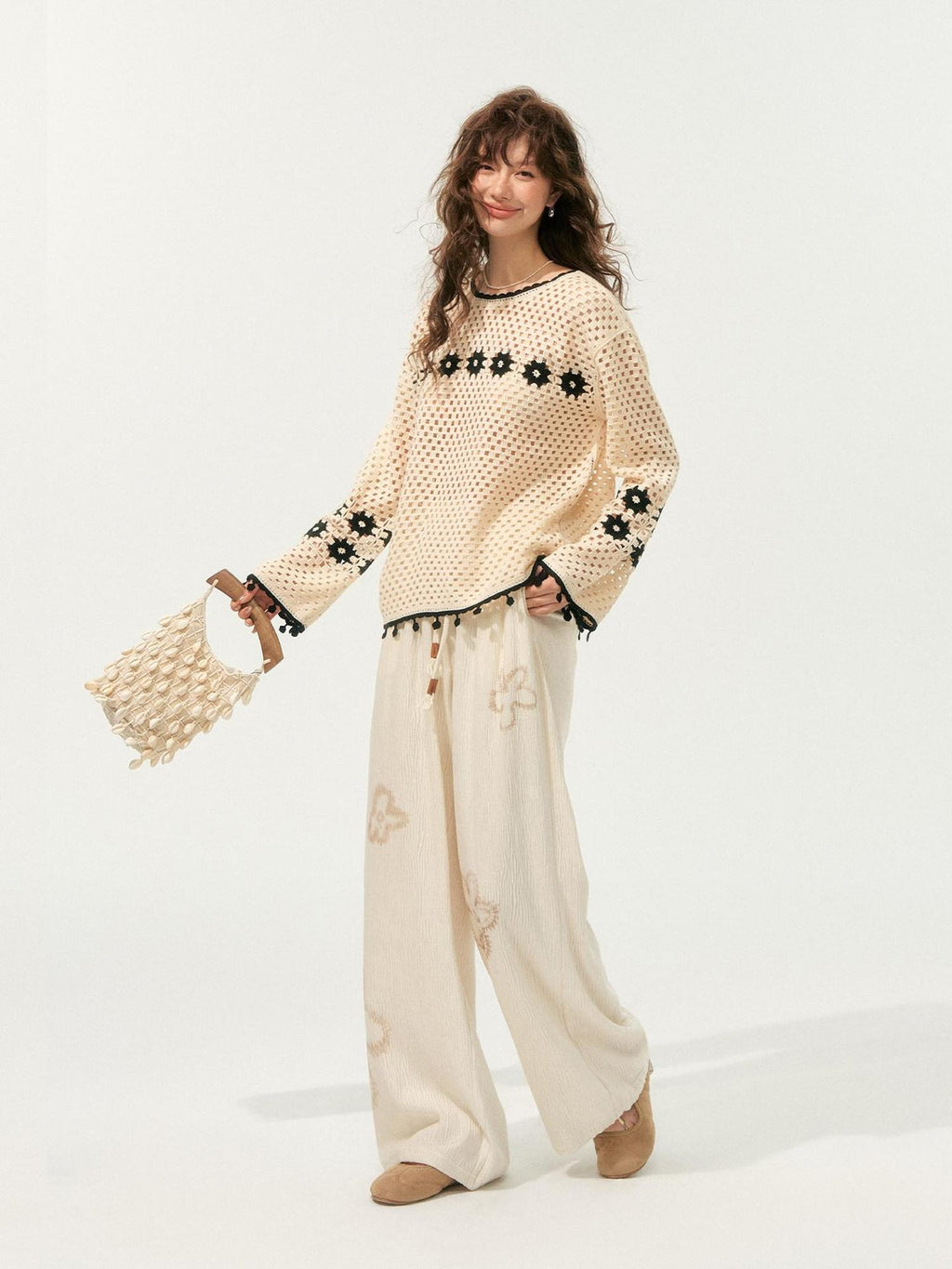 SOMESOWE Soft Acrylic Loose Openwork Knit Pullover Women Casual Round Neck Beige Sweaters