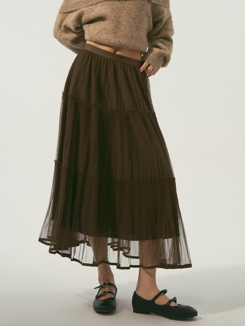 SOMESOWE Lined Pleated Ruffle Hem Casual Loose Fit Mid Waist Polyester Maxi Skirts