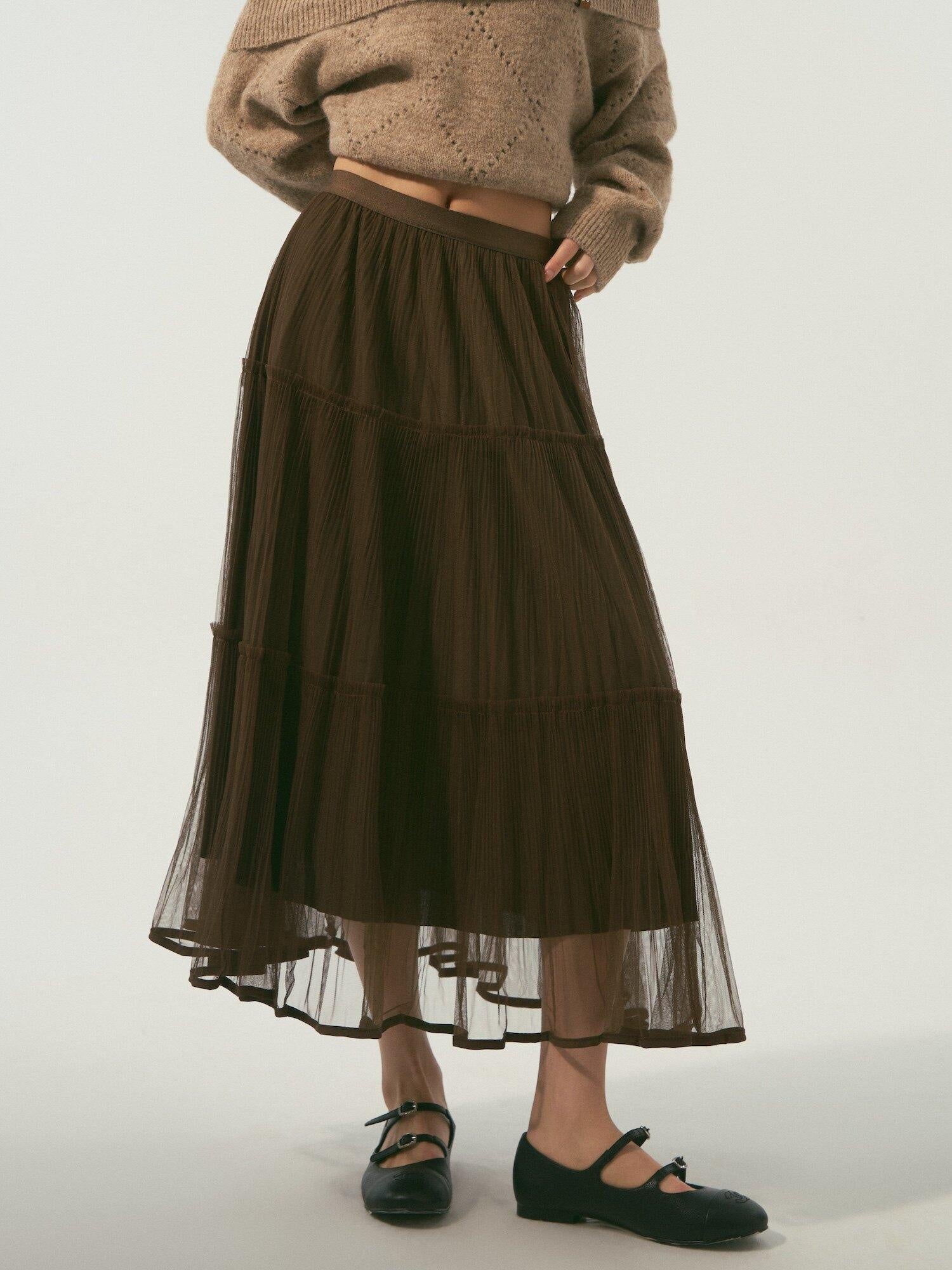 SOMESOWE Lined Pleated Ruffle Hem Casual Loose Fit Mid Waist Polyester Maxi Skirts