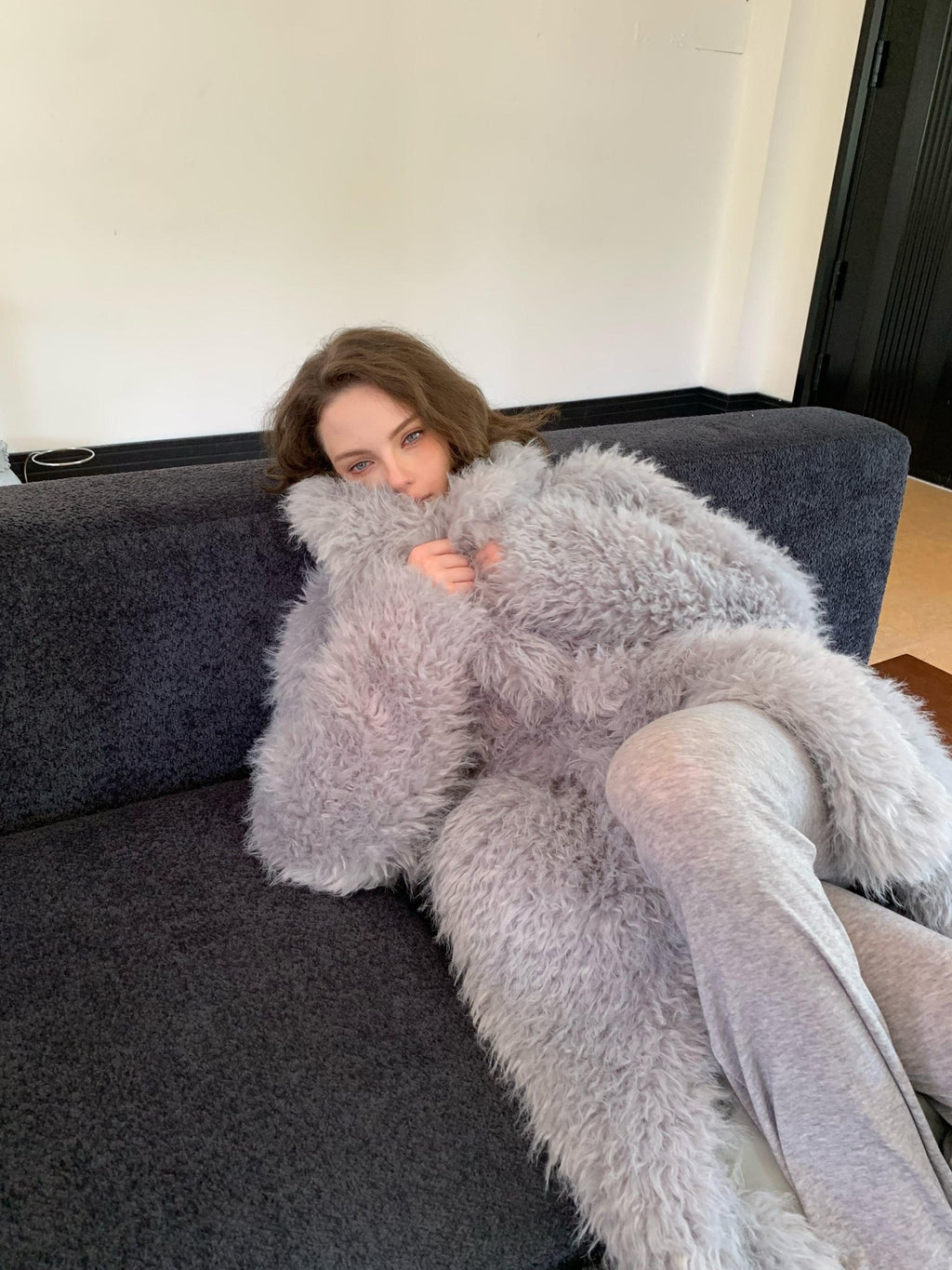 BUZHOU Luxurious Plush Fox Inspired Round Neck Longline Gray S M L Faux Fur Coats