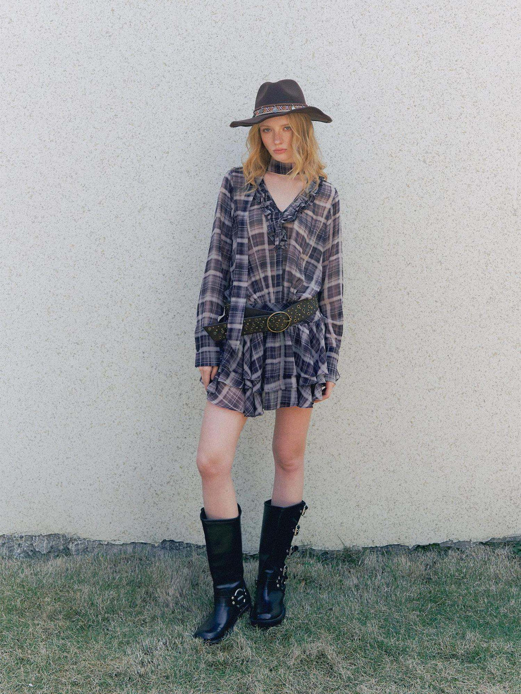 DeleteEx Chic Vintage Asymmetrical V-neck Slim Long Sleeve Plaid Citywalk Mini Dresses