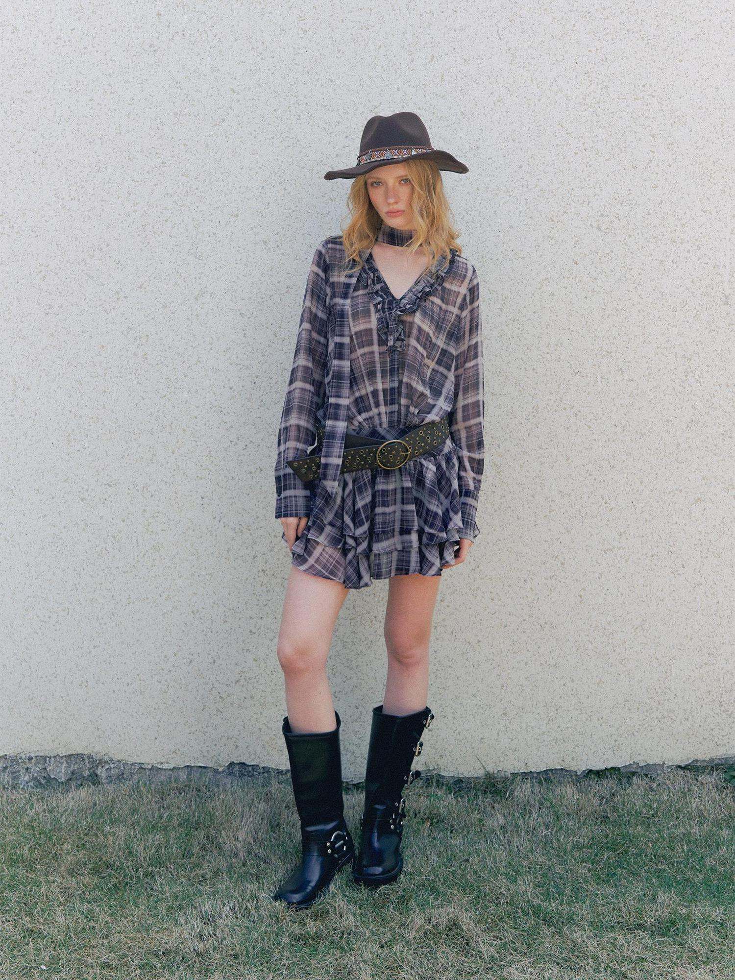 DeleteEx Chic Vintage Asymmetrical V-neck Slim Long Sleeve Plaid Citywalk Mini Dresses