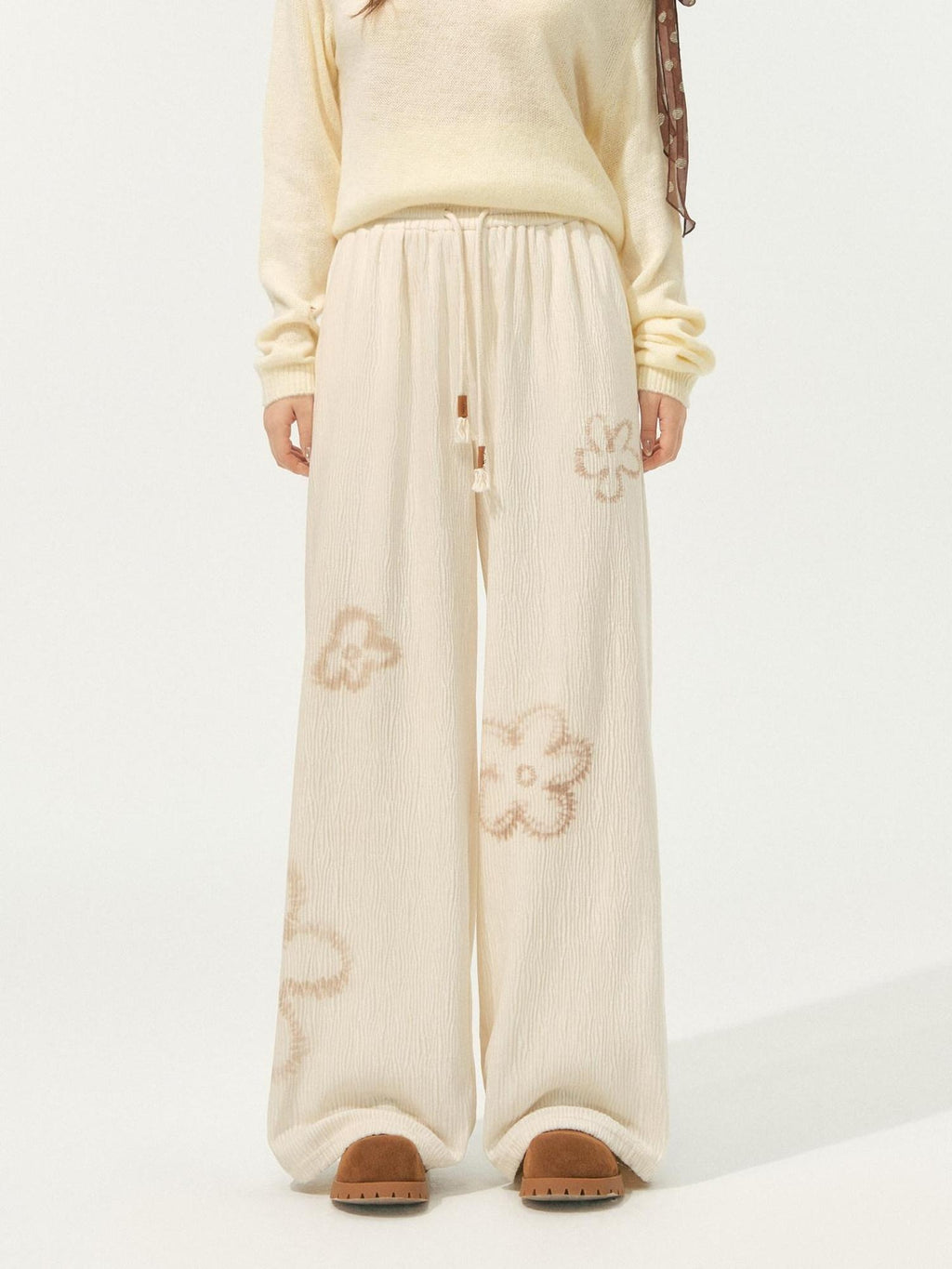 SOMESOWE Pleated Floral Pocket Loose Beige Womens Polyester Wide Leg Pants