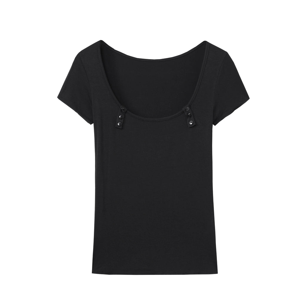 DeleteEx_Button_U_Neck_Casual_Regular_Fit_Women_Solid_Black_White_Short_Sleeve_T-Shirts_MISSTT