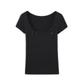 DeleteEx_Button_U_Neck_Casual_Regular_Fit_Women_Solid_Black_White_Short_Sleeve_T-Shirts_MISSTT