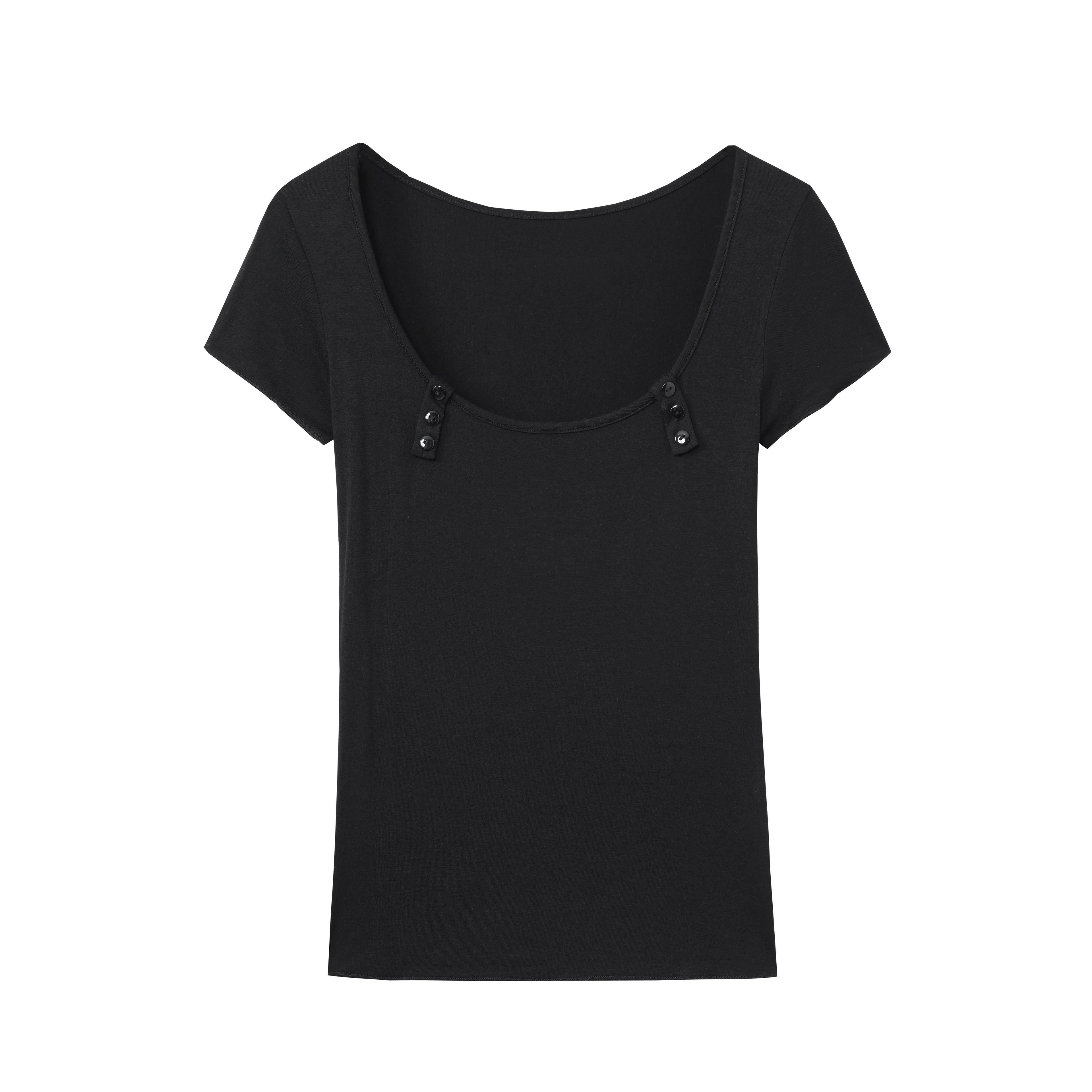 DeleteEx_Button_U_Neck_Casual_Regular_Fit_Women_Solid_Black_White_Short_Sleeve_T-Shirts_MISSTT