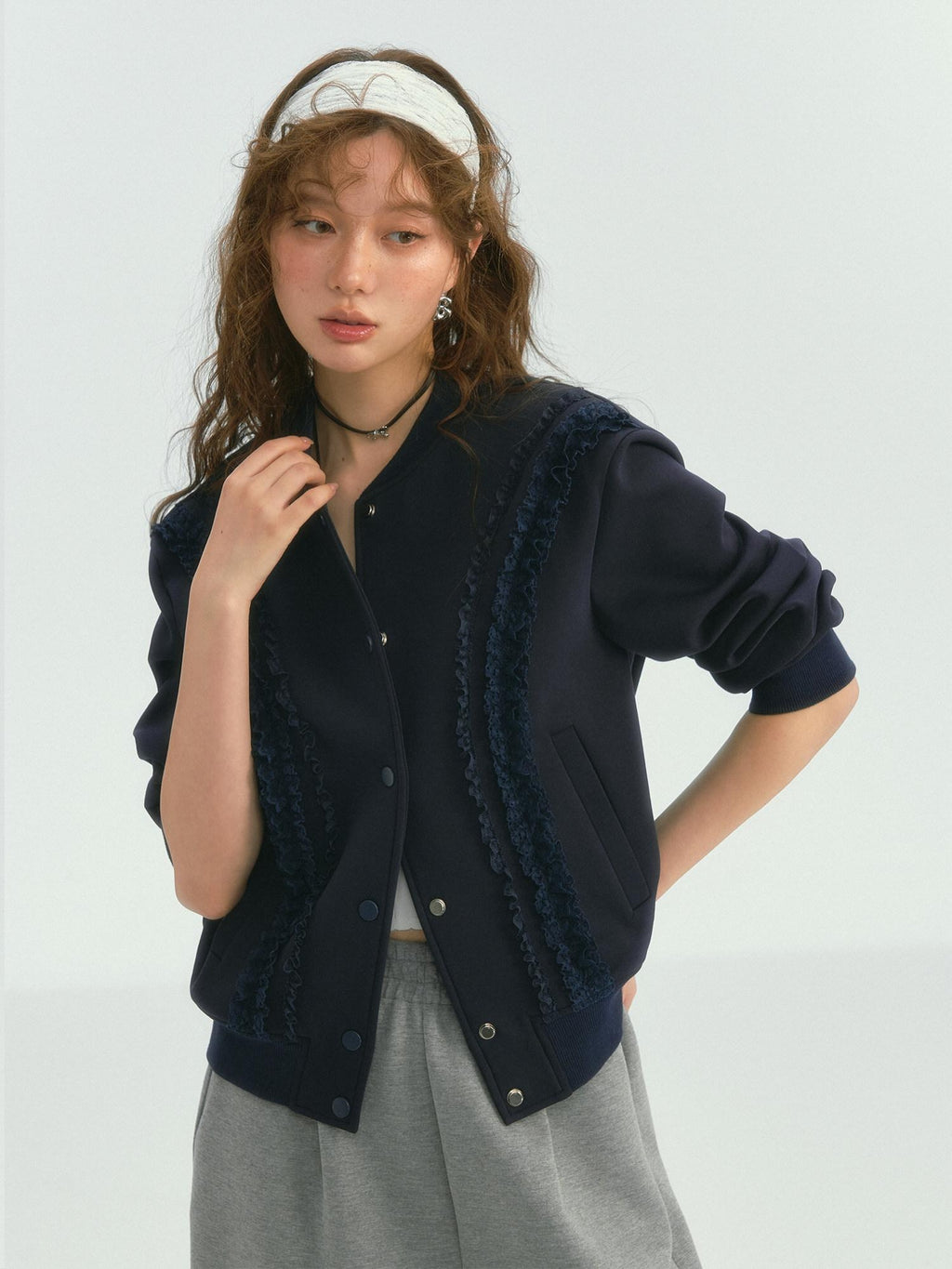SOMESOWE Lace Trim Loose Fit Commuter Women Button Closure Navy Gray Bomber Jackets