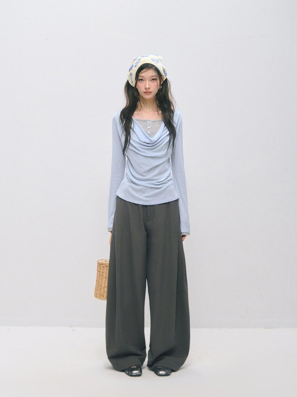 SOMESOWE Drawstring Pocket Relaxed Natural Waist Women Solid Khaki Grey Wide Leg Pants