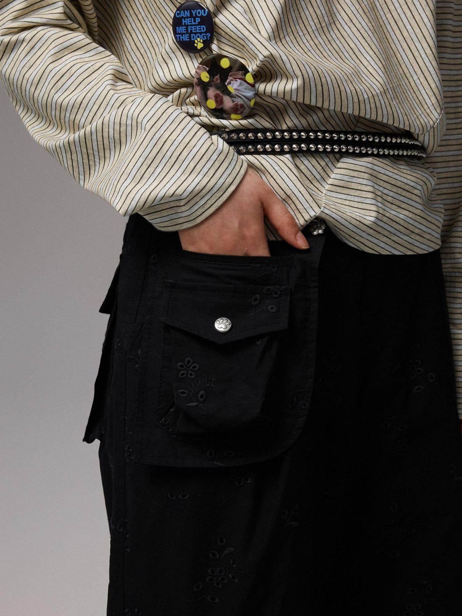 1JINN STUDIO Versatile Minimal Loose Flared Low Rise Zip Fly Cotton Jacquard Cargo Pants