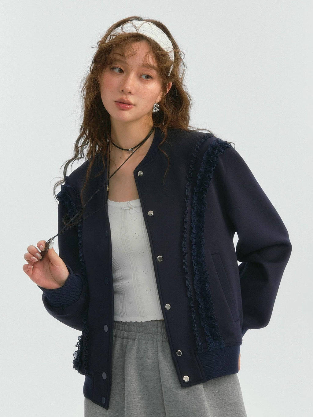 SOMESOWE Lace Trim Loose Fit Commuter Women Button Closure Navy Gray Bomber Jackets