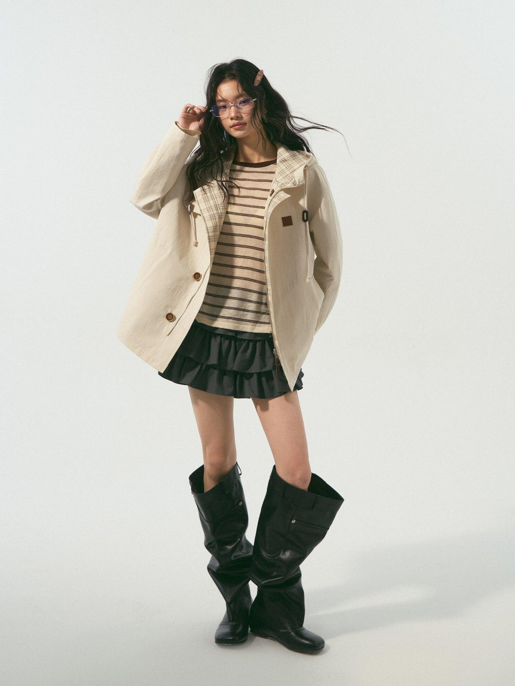 SOMESOWE Versatile Hooded Mid Length Loose Fit Women Plaid Polyester Jackets