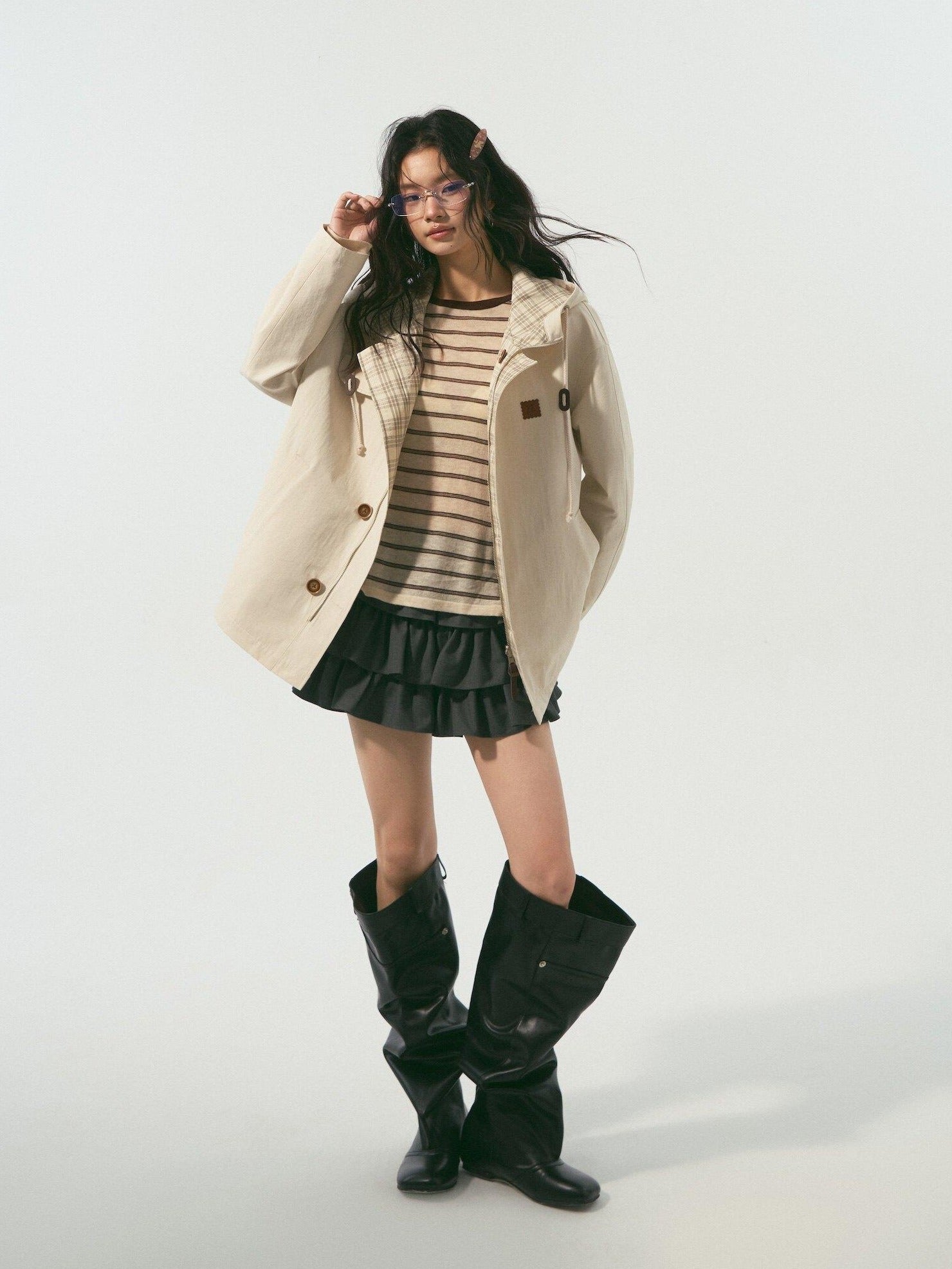 SOMESOWE Versatile Hooded Mid Length Loose Fit Women Plaid Polyester Jackets