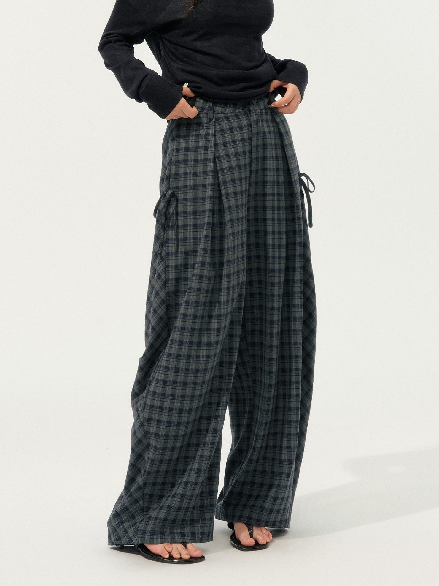 SOMESOWE Plaid Pocket Loose Fit Natural Waist Button Grey Casual Women Wide Leg Pants