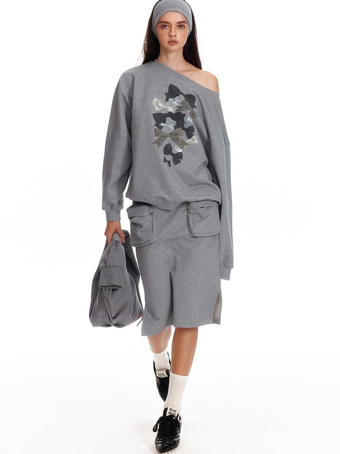 ALINNVSTUDIO Bow Accent Loose Fit Office Round Neck Women White And Gray Sweatshirt