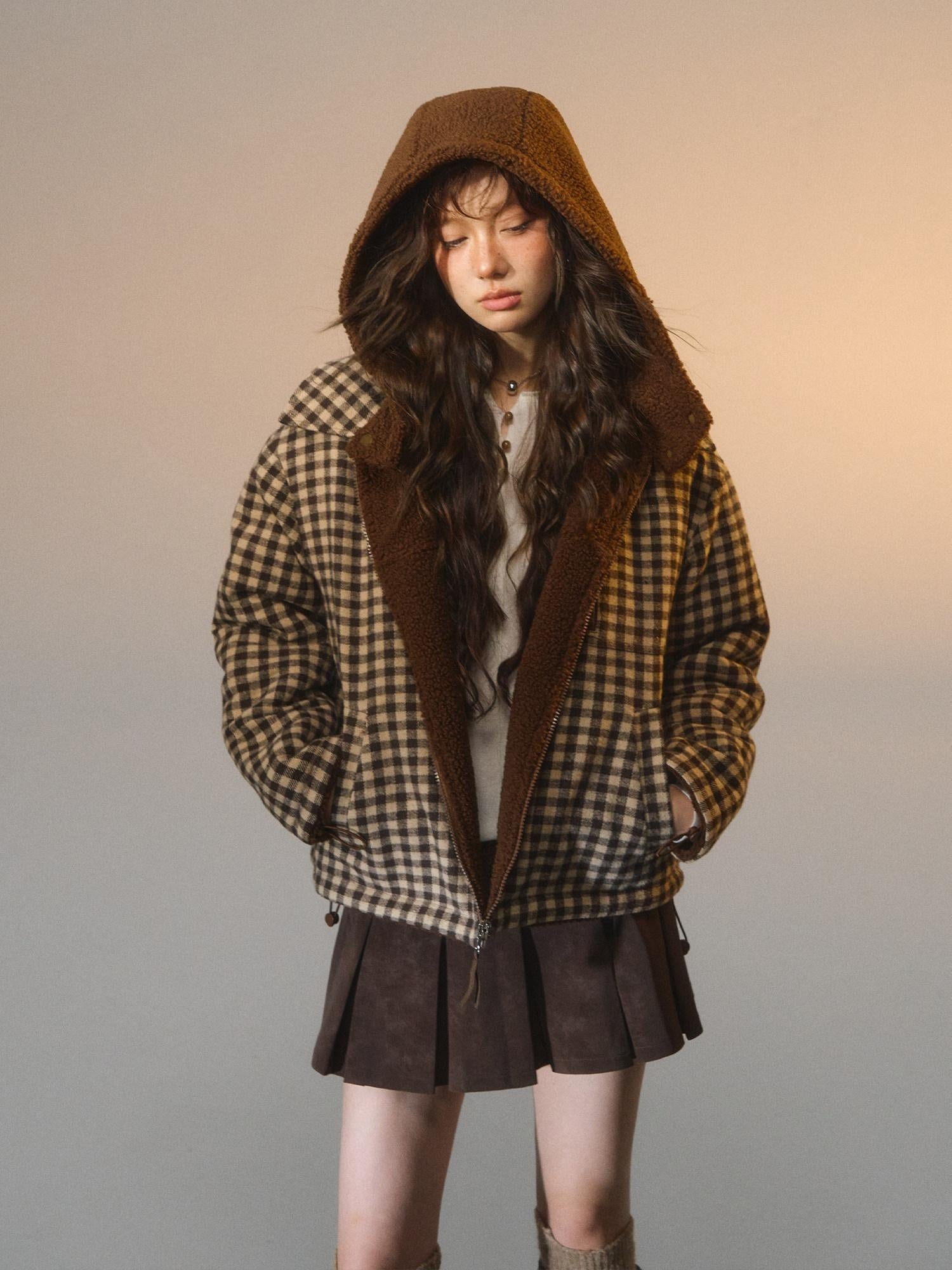SOMESOWE Reversible Plaid Loose Fit Short Button Women Brown Polyester Jackets