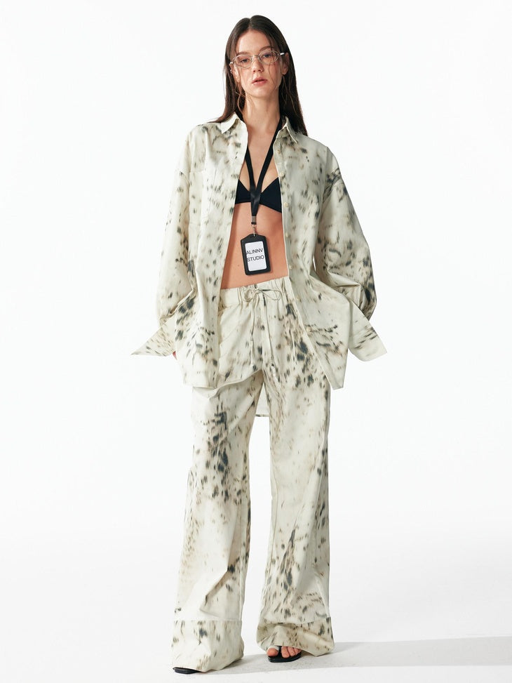 ALINNVSTUDIO Leopard Print Tie Waist Loose Fit Casual Lapel Women Top & Pants Sets