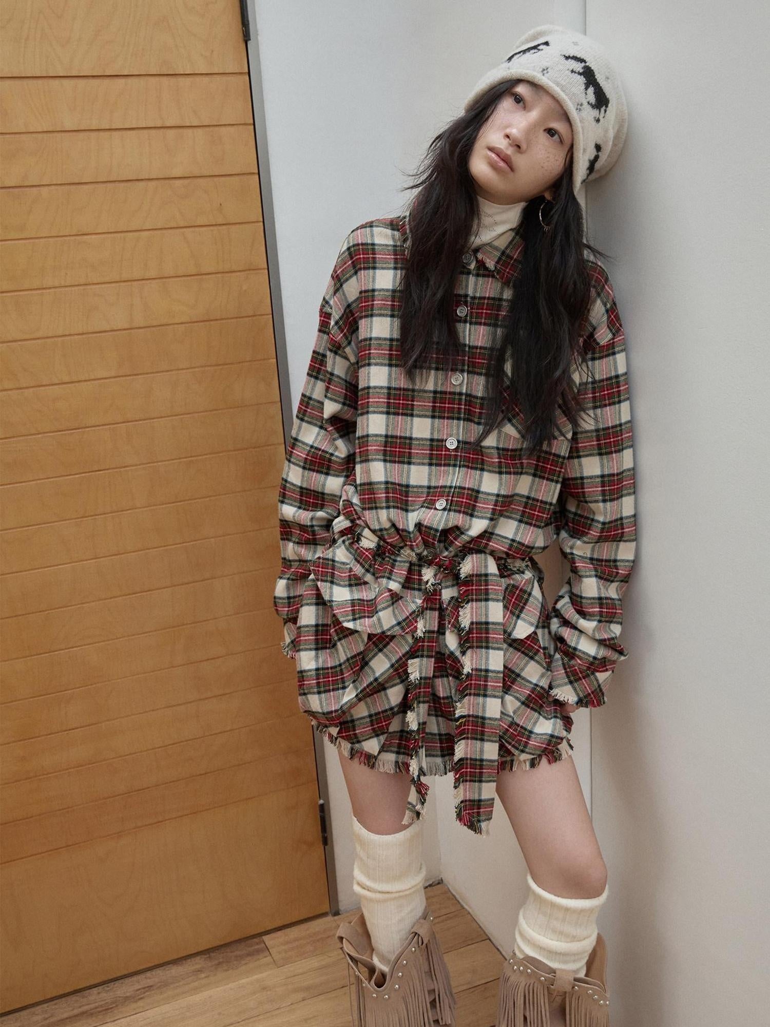 1JINN STUDIO Cotton Plaid Workwear Loose Straight Fit Long Sleeve Casual Women Mini Dresses