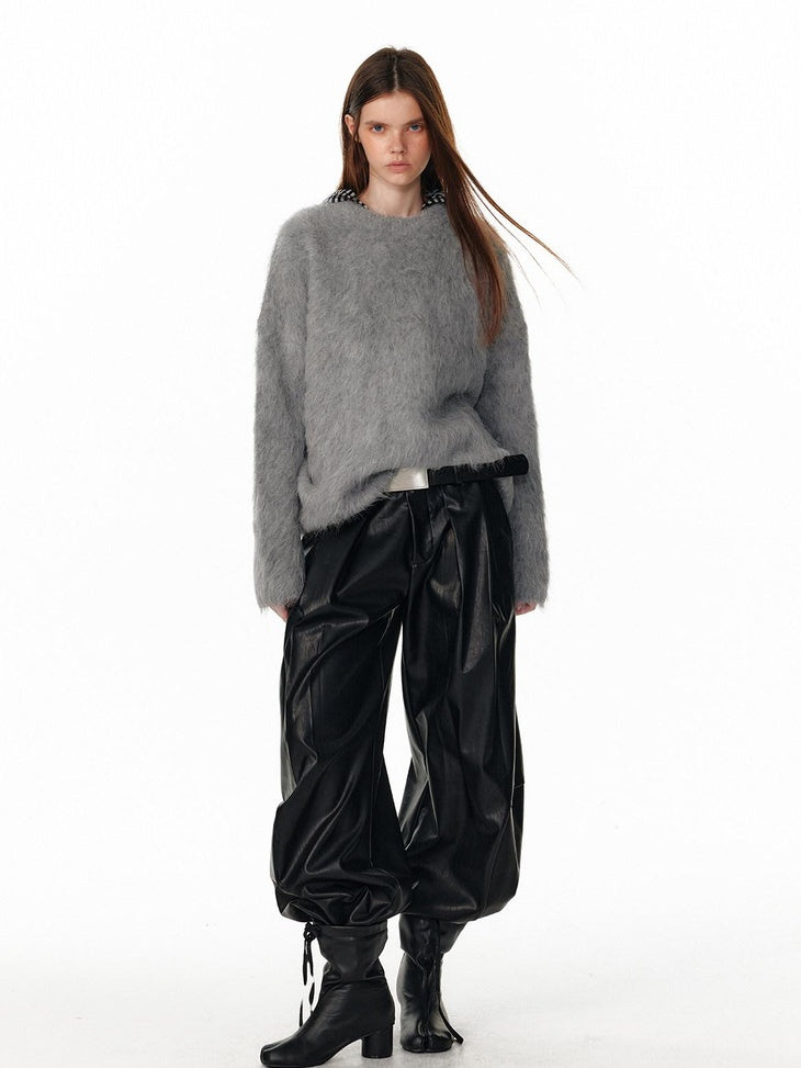 ALINNVSTUDIO Pu Leather Utility Natural Waist Curved Seam Black Women Wide Leg Pants