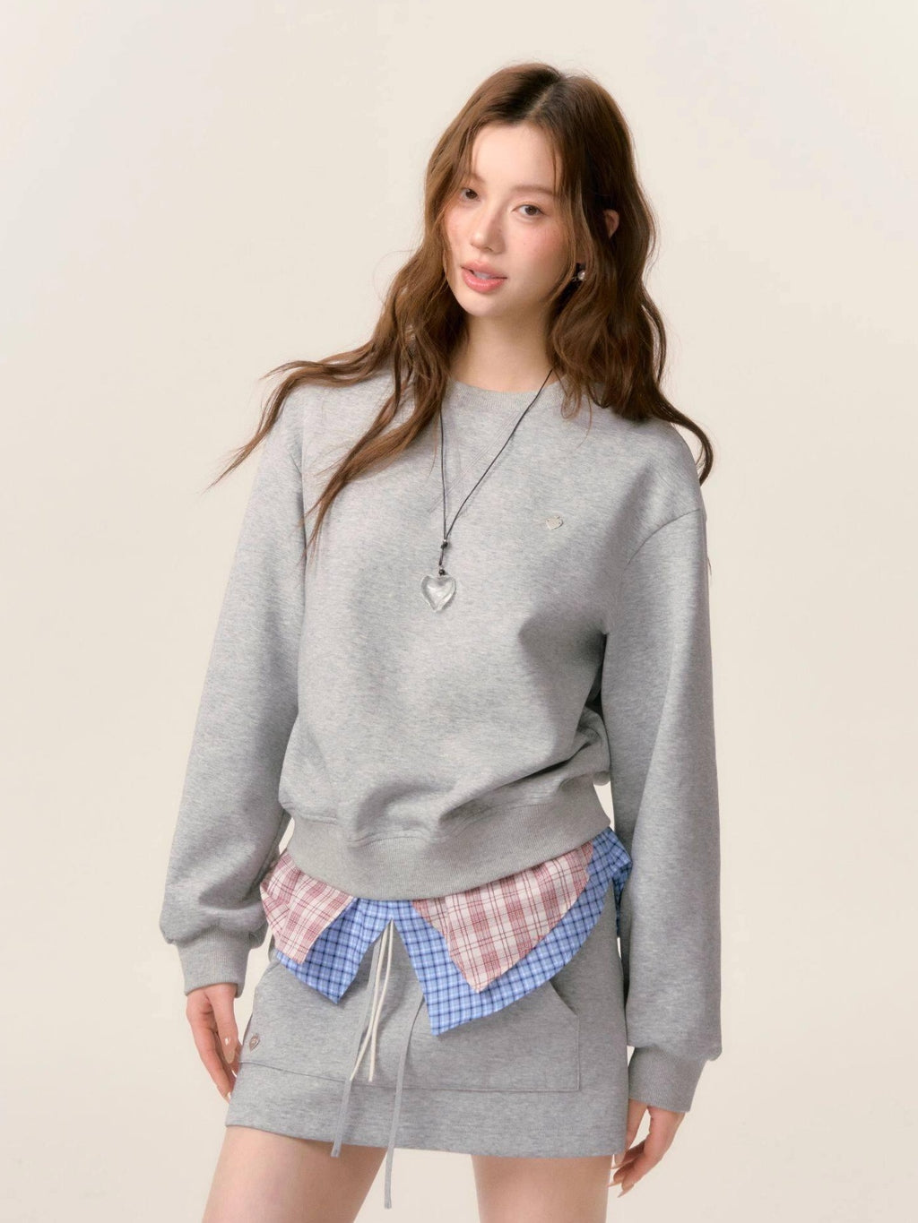 SOMESOWE Cotton Crew Long Sleeve Casual Mini Skirt Women Gray Navy Top & Skirt Sets