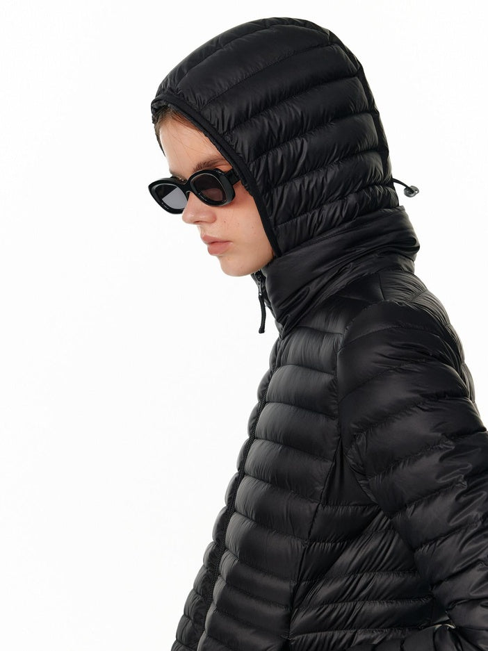 ALINNVSTUDIO 90 Fill Duck Down Thin Fitted Commuter Hooded Women Black Down Jackets