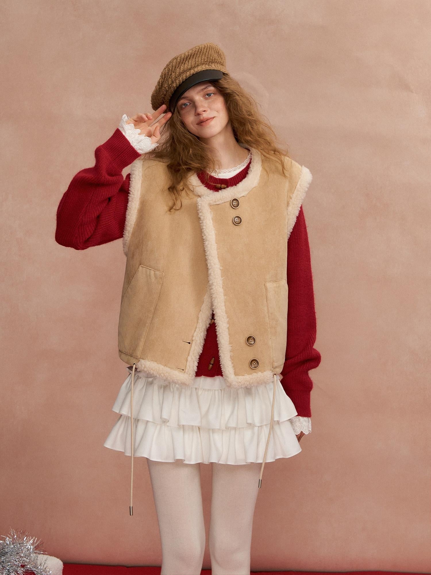 SOMESOWE Warm Versatile Beige Vest Round Neck Single Button Outerwear Leather Jackets