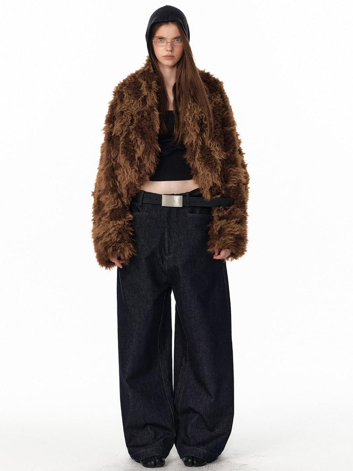 ALINNVSTUDIO Faux Fur Cropped Oversized Workwear Women Floral Pattern Leather Jackets