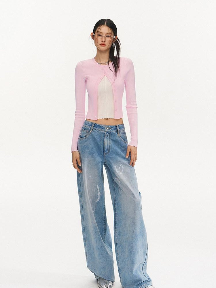 NAWSNOTAWEAR Slim Fit Colorblock Button Cardigan Faux Two Piece Women Long Sleeve Crop Tops