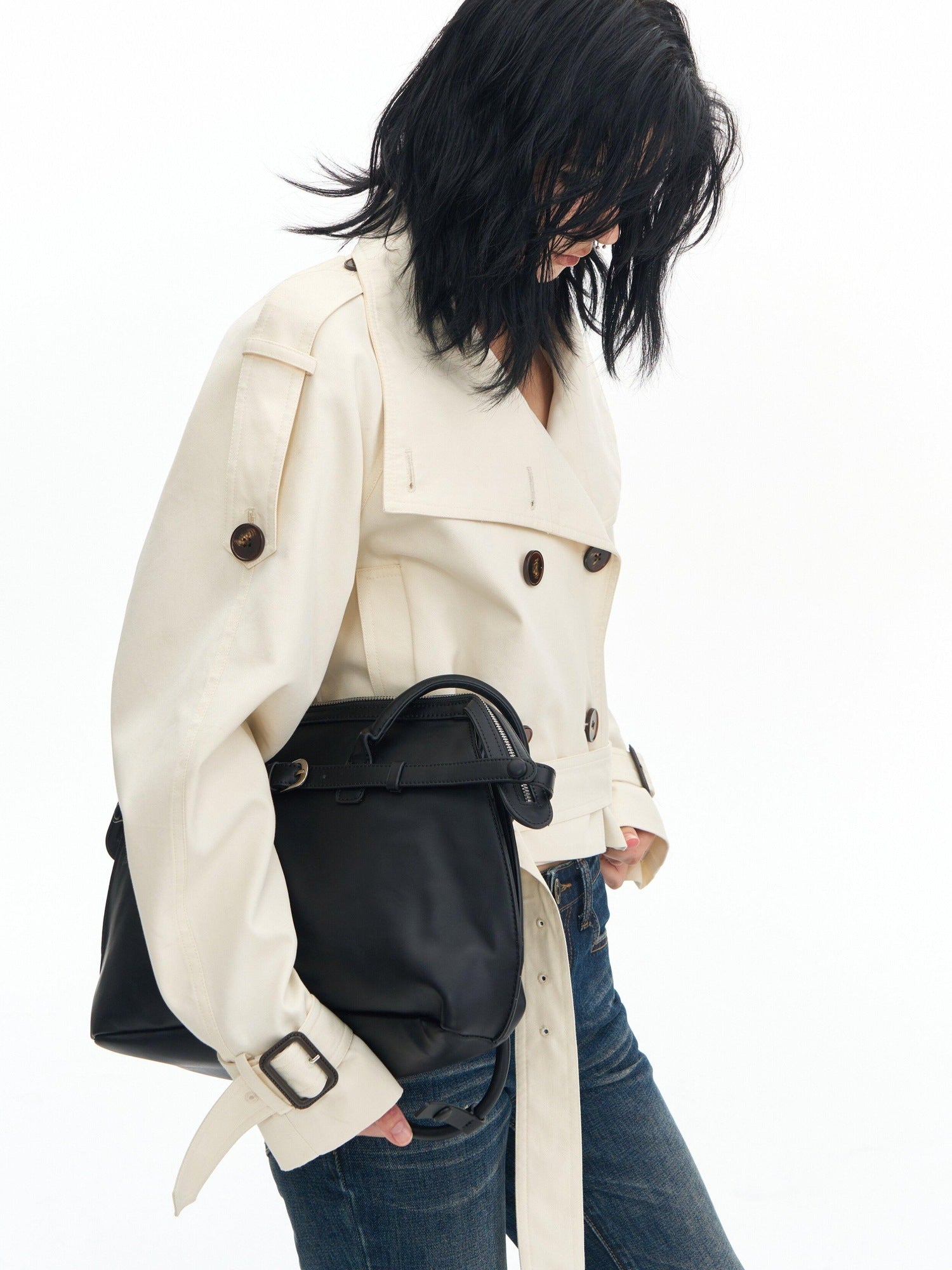 DeleteEx Cotton Blend Stand Collar Short Double Breasted London Off White Trench Coats