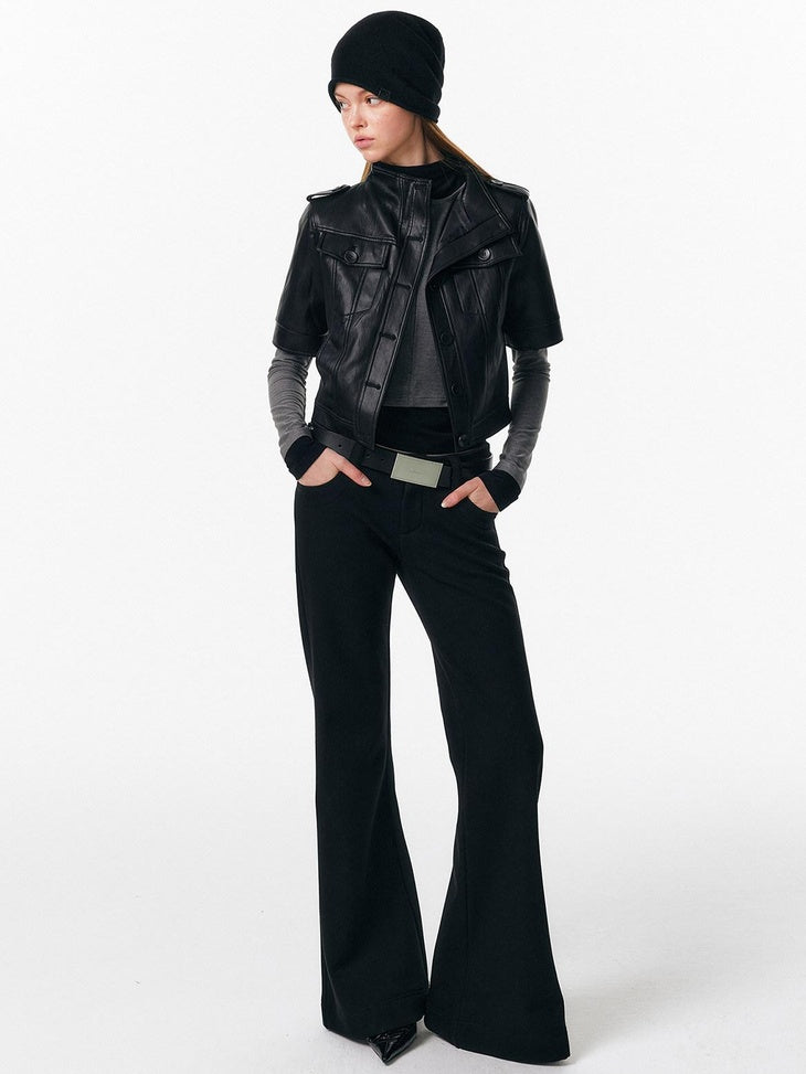 ALINNVSTUDIO Warm Low Rise Casual Zip Fly Slight Stretch Black Women Flared Pants