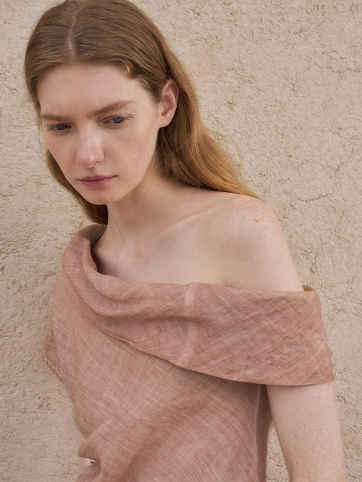 someonesometimes Antibacterial Uv Pure Ramie Pleated Slim One Shoulder Women Brick Pink Tank Tops
