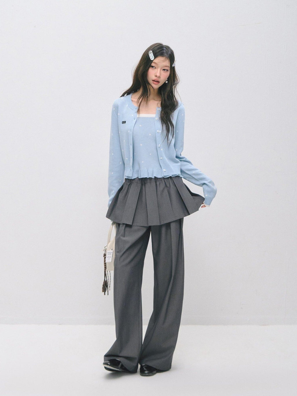 SOMESOWE Ruffle Collared Cardigan Long Sleeve Loose Fit Women Blue Top & Skirt Sets
