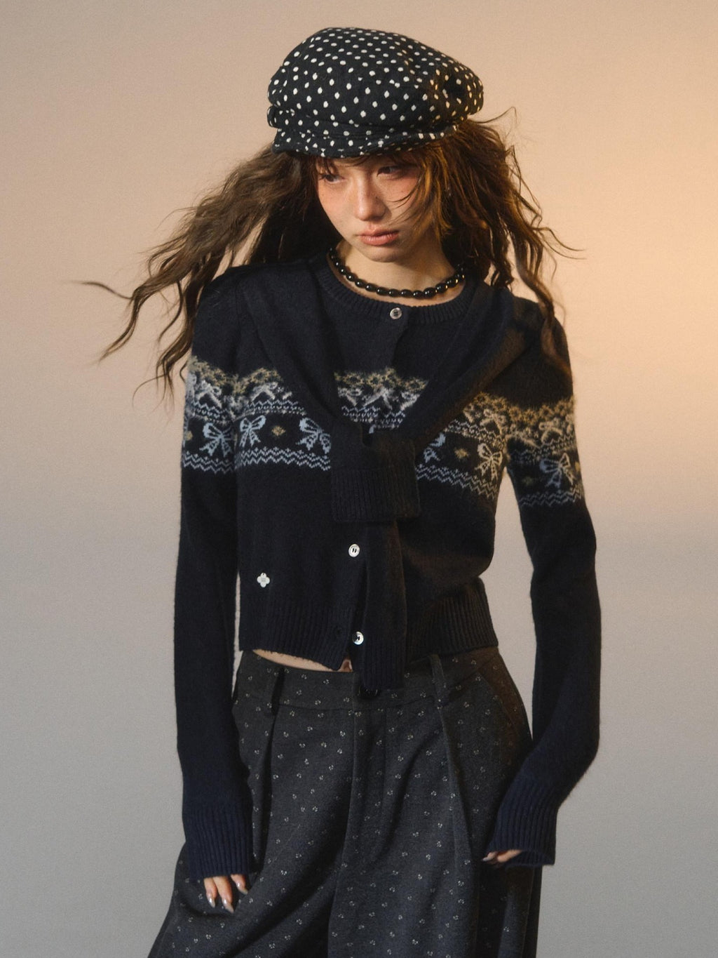 SOMESOWE Minimal Commuter V-neck Button Bow Detail Layered Look Women Navy Knit Cardigans