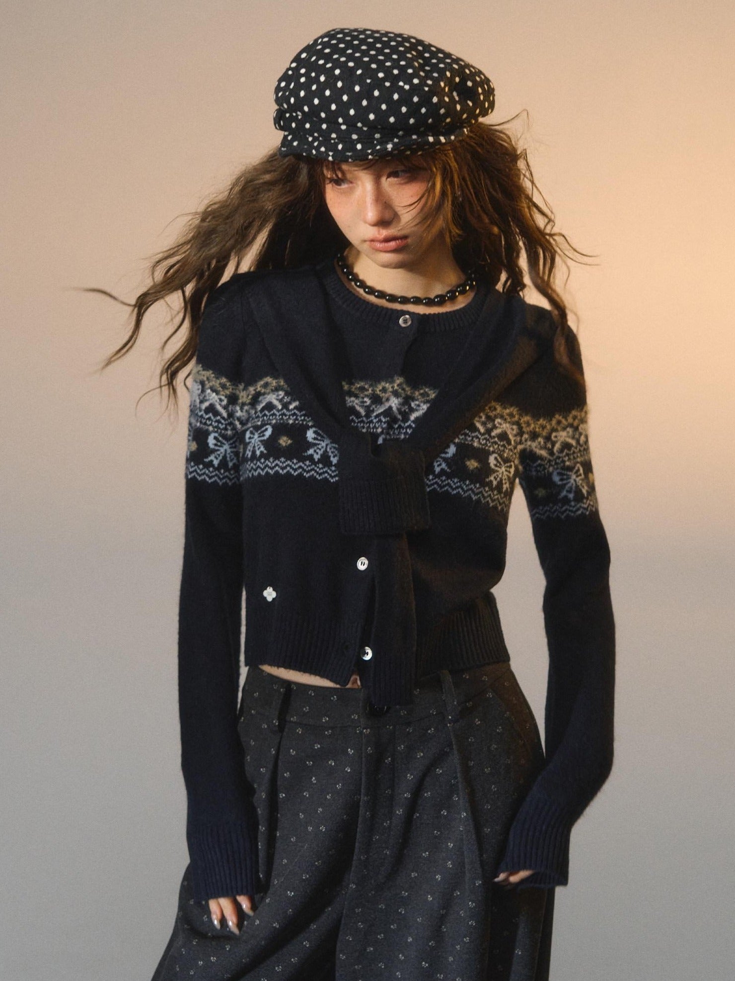 SOMESOWE Minimal Commuter V-neck Button Bow Detail Layered Look Women Navy Knit Cardigans