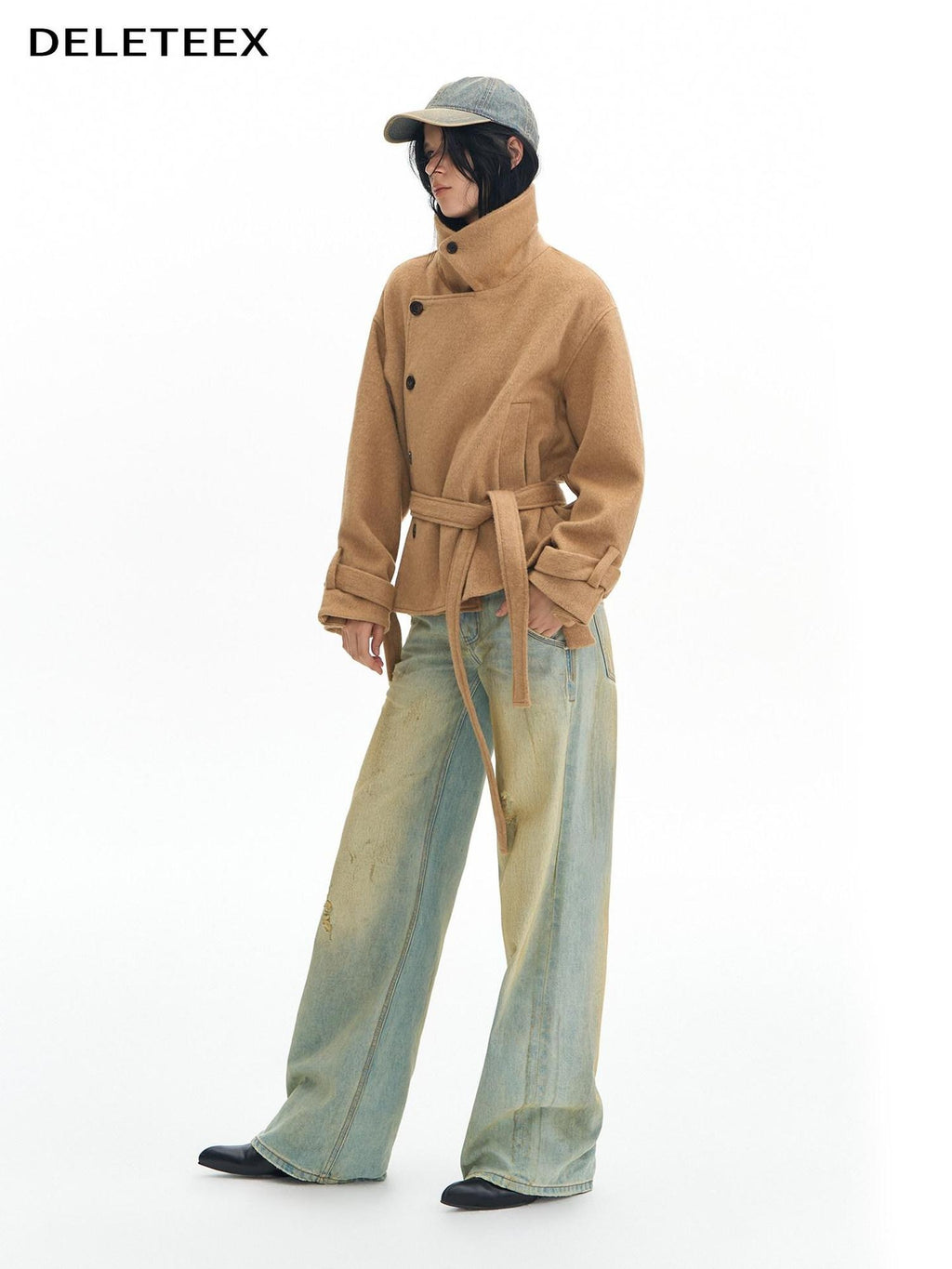 DeleteEx Thick Half Wool Blend American Cropped Lapel Young Women Khaki Wool Coats