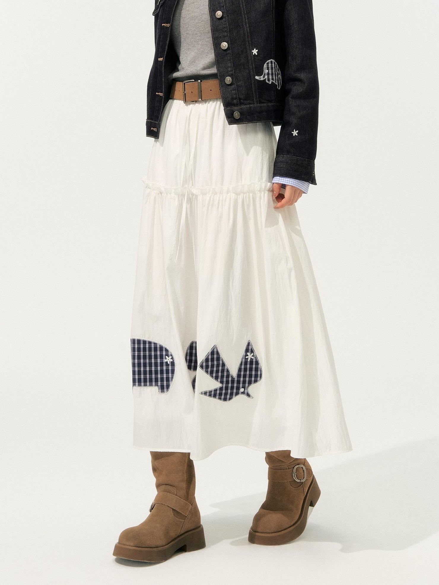 SOMESOWE High Waist French A Line Patch Detail Loose Fit Casual White Maxi Skirts