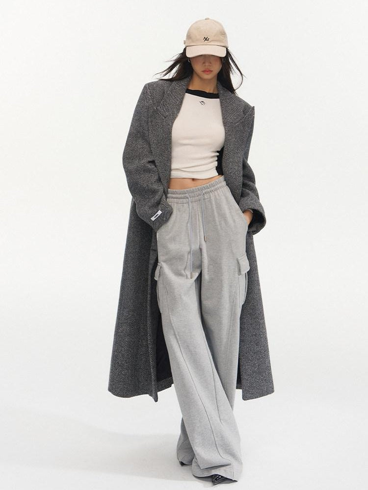 NAWSNOTAWEAR Herringbone Wool Blend Loose Fit Blazer Collar Women Single Breasted Wool Coats