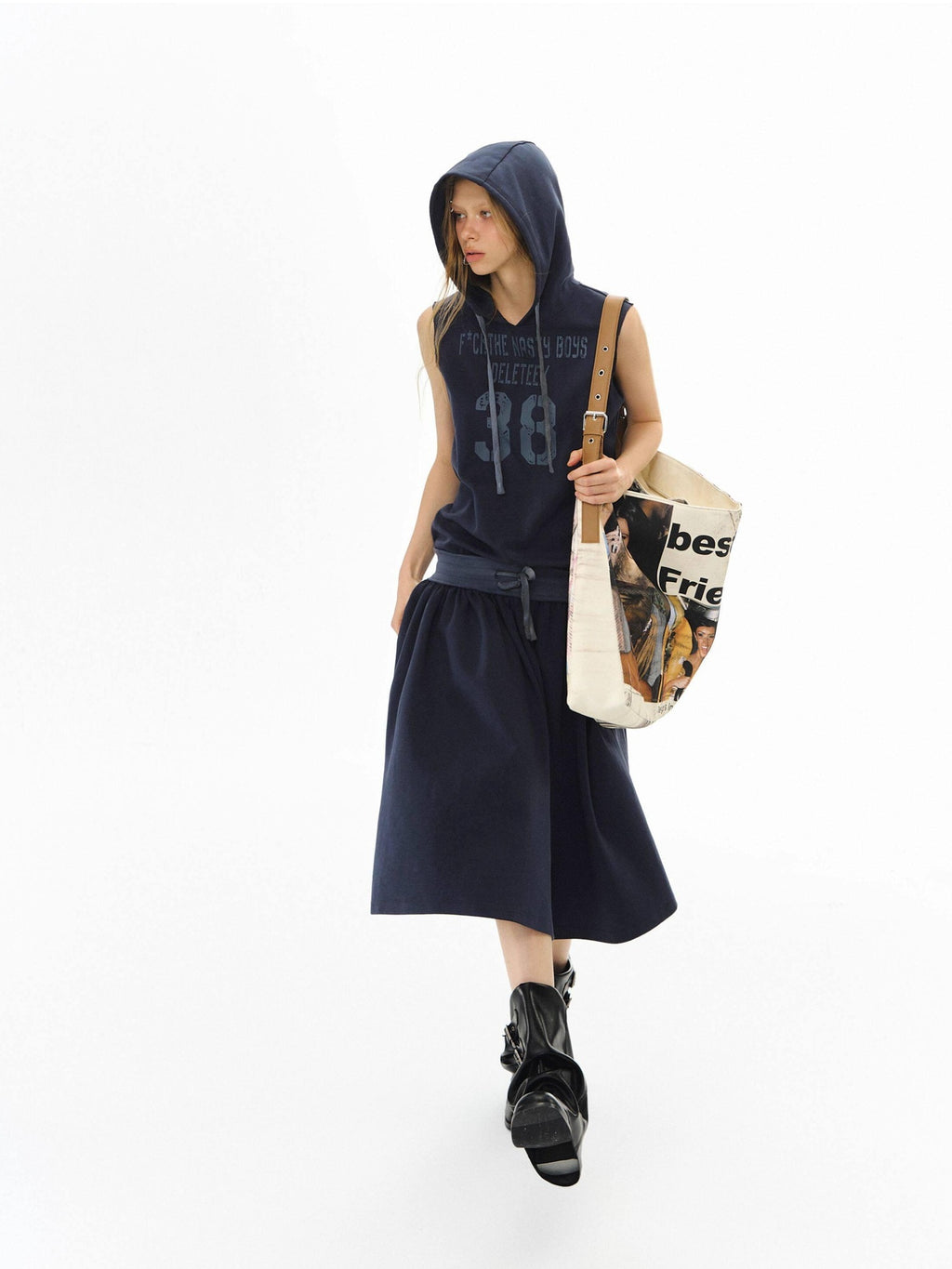 DeleteEx Soft Cotton Blend Elastic Waist Insta Sleeveless Printed Vest Navy Midi Dresses