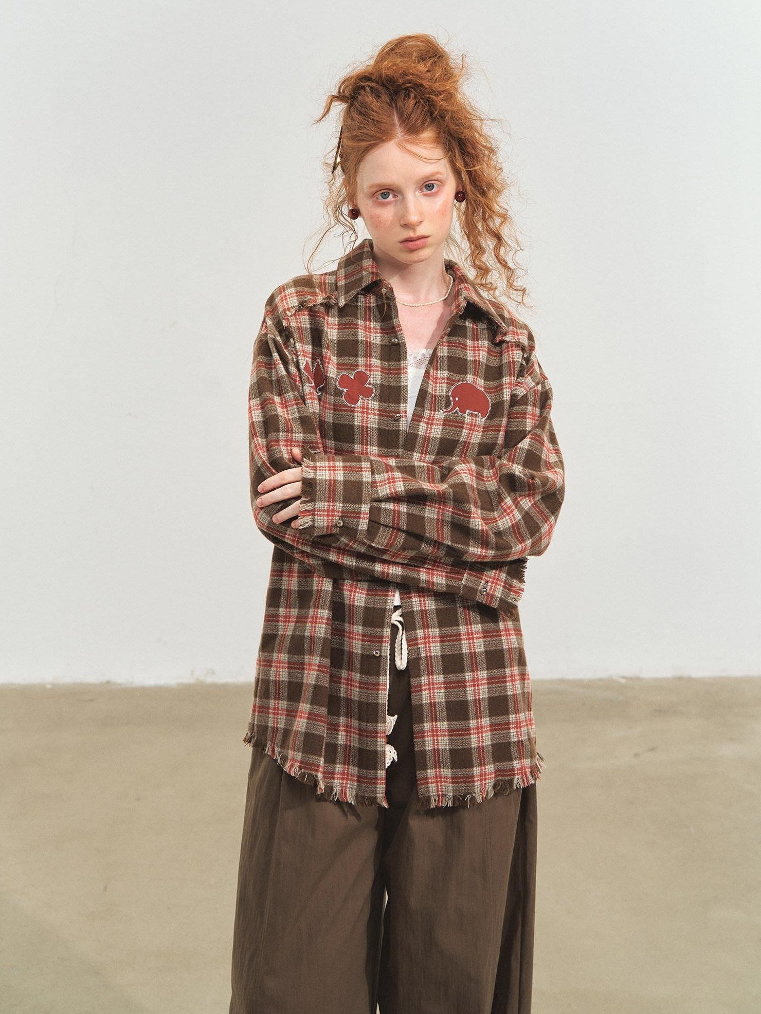 SOMESOWE Durable Fringe Plaid Loose Polo Collar Long Sleeve Women Wool Shirts
