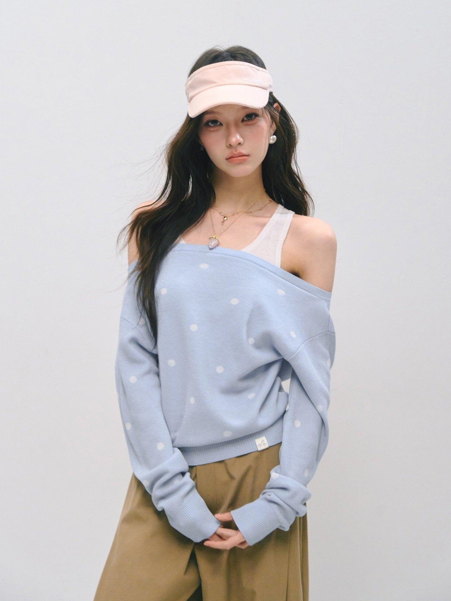 SOMESOWE Faux Layered Colorblock Polka Dot Boat Neck Knit Pullover Sweaters
