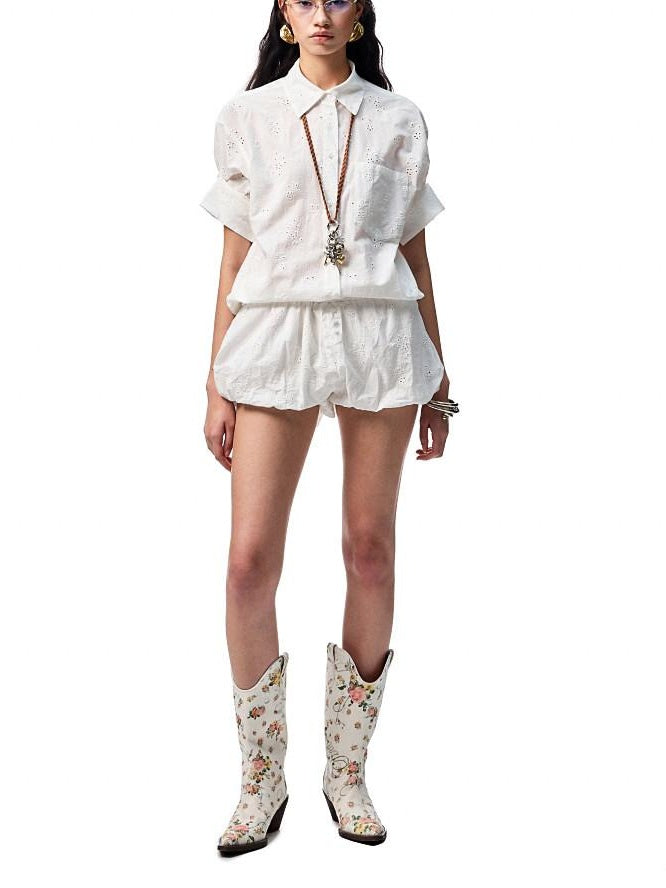 1JINN STUDIO Shape Retention Cotton Jacquard Loose Polo 3 4 Sleeve Women Top & Shorts Sets