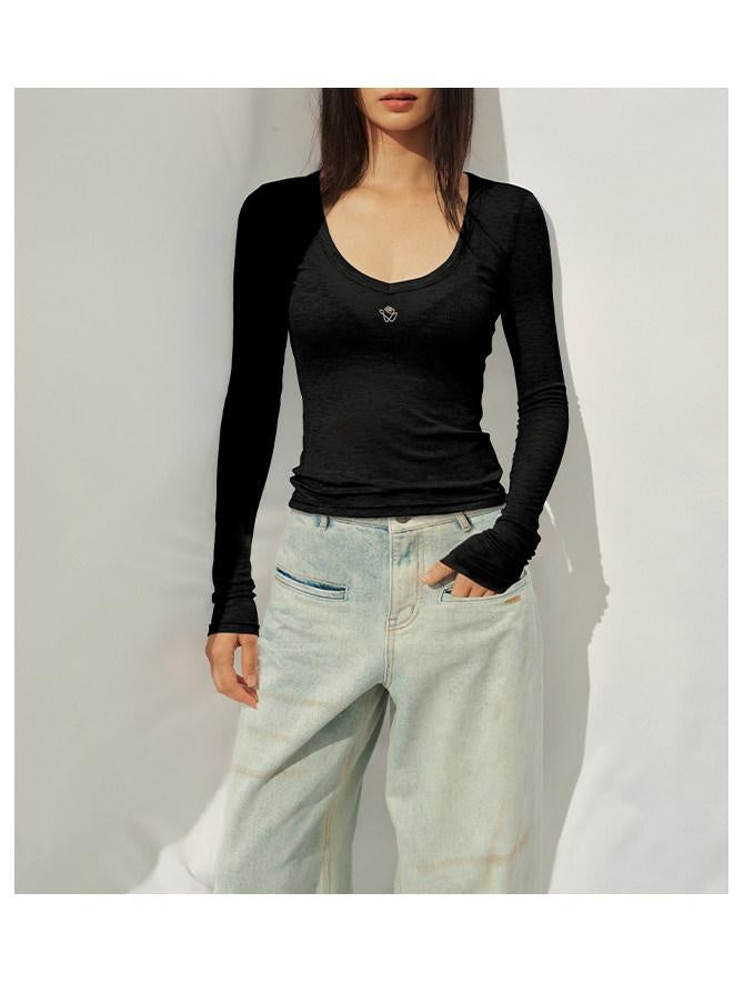 NAWSNOTAWEAR Light Lyocell Wool Blend Slim Cropped Crewneck Women Long Sleeve T-Shirts