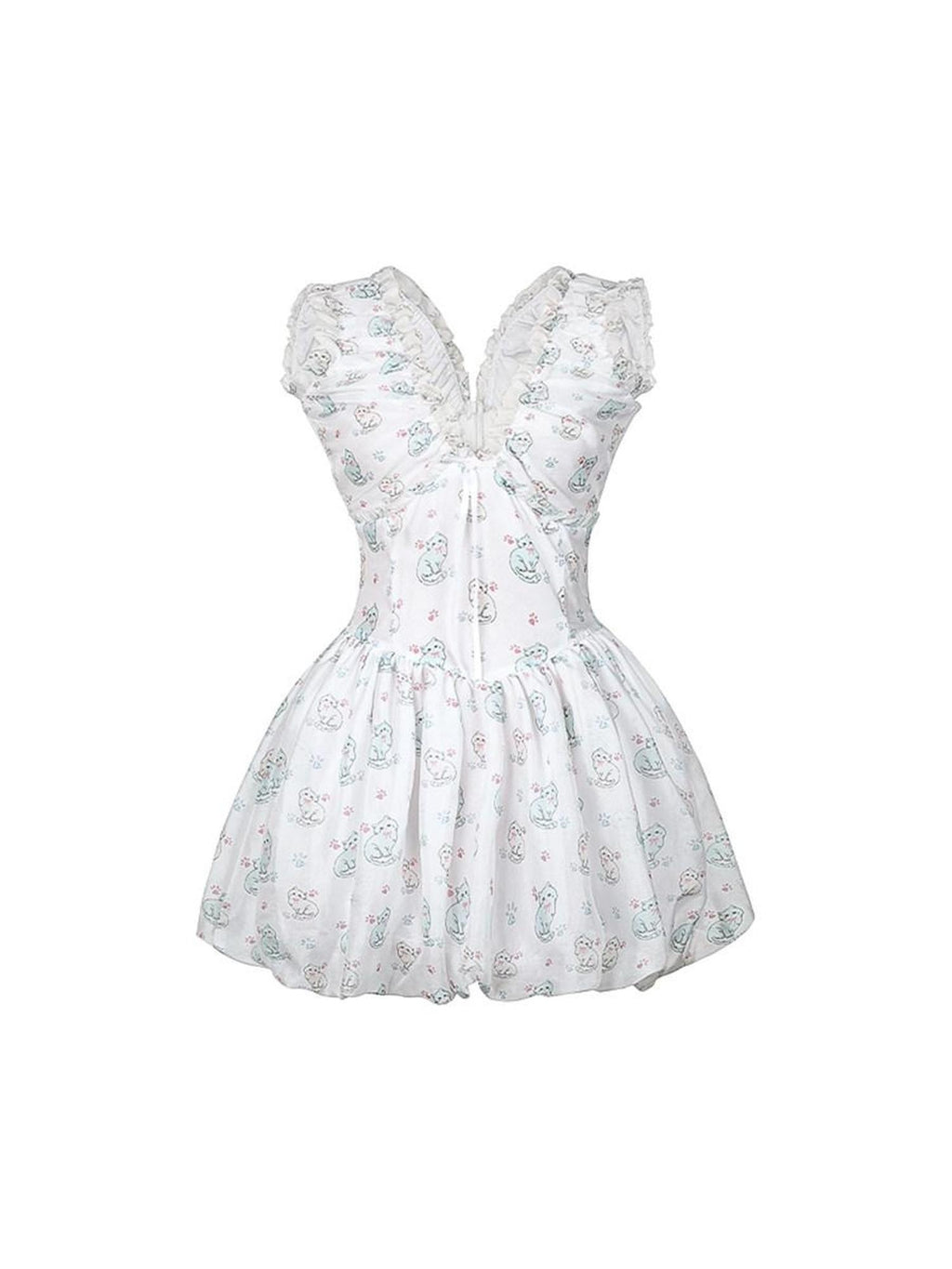DeleteEx Ins Printed Sleeveless Cinched Waist V U Neck Puff Skirt White Mini Dresses