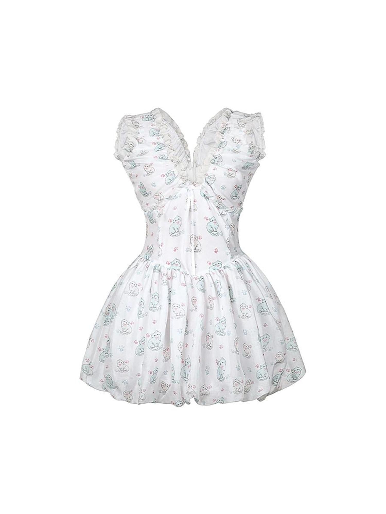 DeleteEx Ins Printed Sleeveless Cinched Waist V U Neck Puff Skirt White Mini Dresses