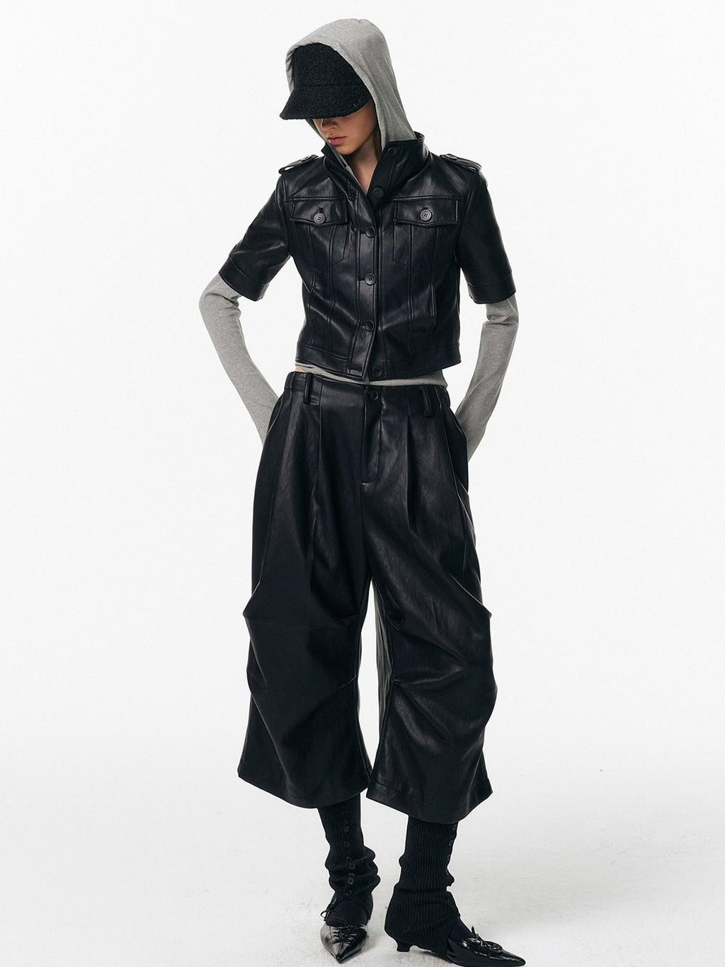 ALINNVSTUDIO Pu Pleated Low Waist Button Fly Irregular Fold Casual Women Black Wide Leg Pants