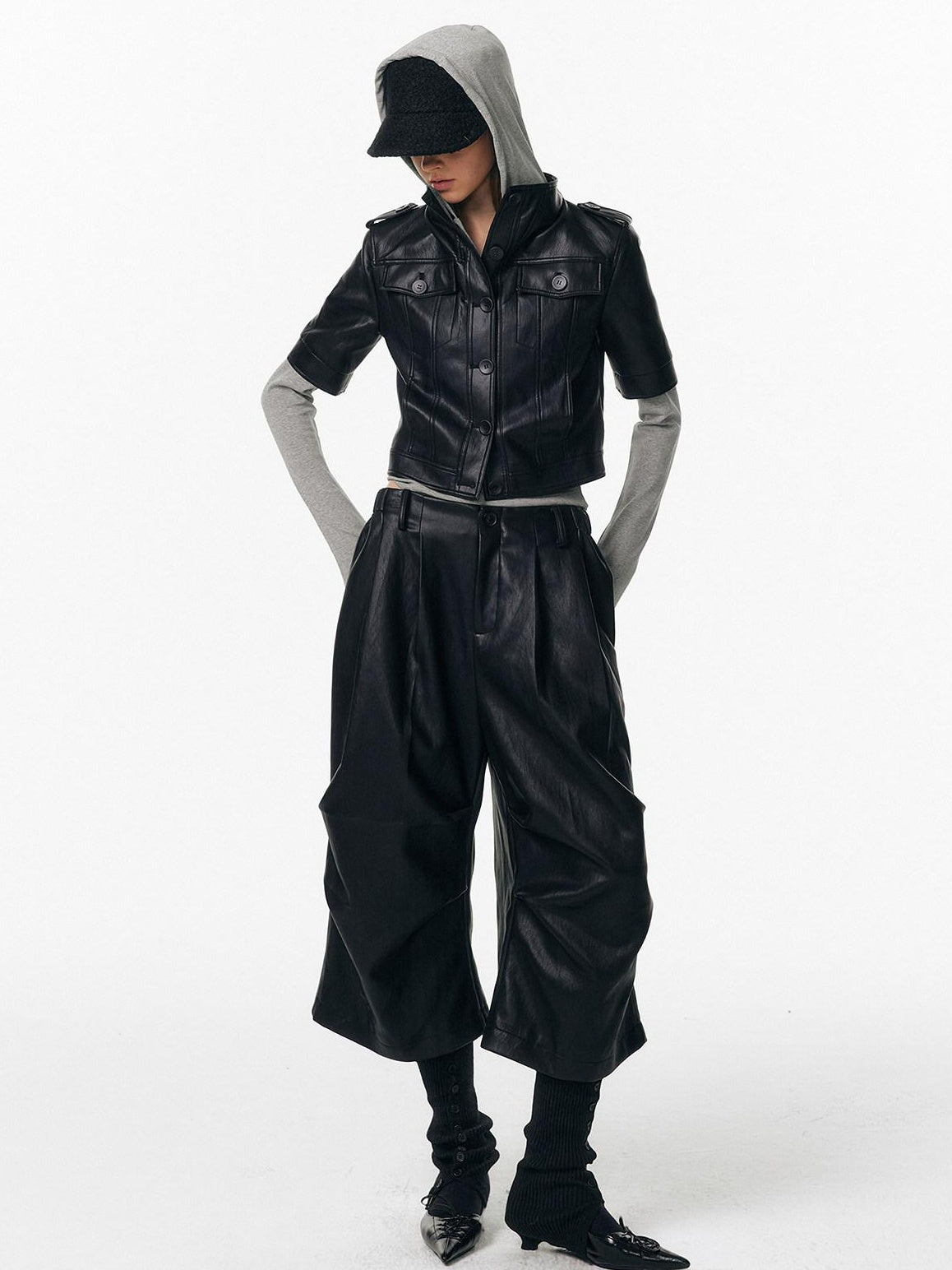 ALINNVSTUDIO Pu Pleated Low Waist Button Fly Irregular Fold Casual Women Black Wide Leg Pants