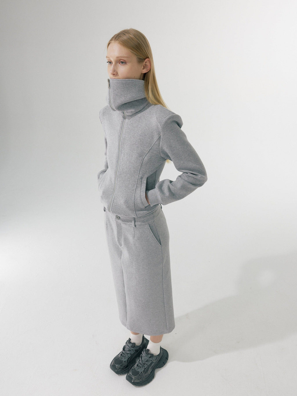 BUZHOU Zip Stand Collar Long Sleeve Stretch Cotton Commuter Grey Women Top & Skirt Sets