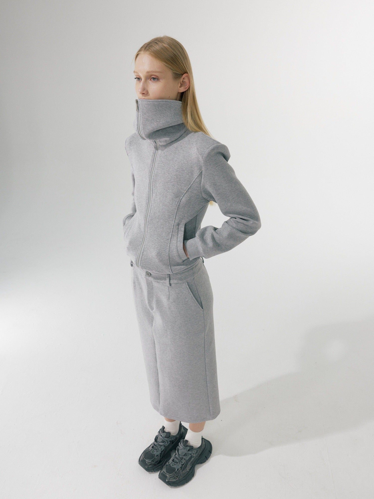 BUZHOU Zip Stand Collar Long Sleeve Stretch Cotton Commuter Grey Women Top & Skirt Sets