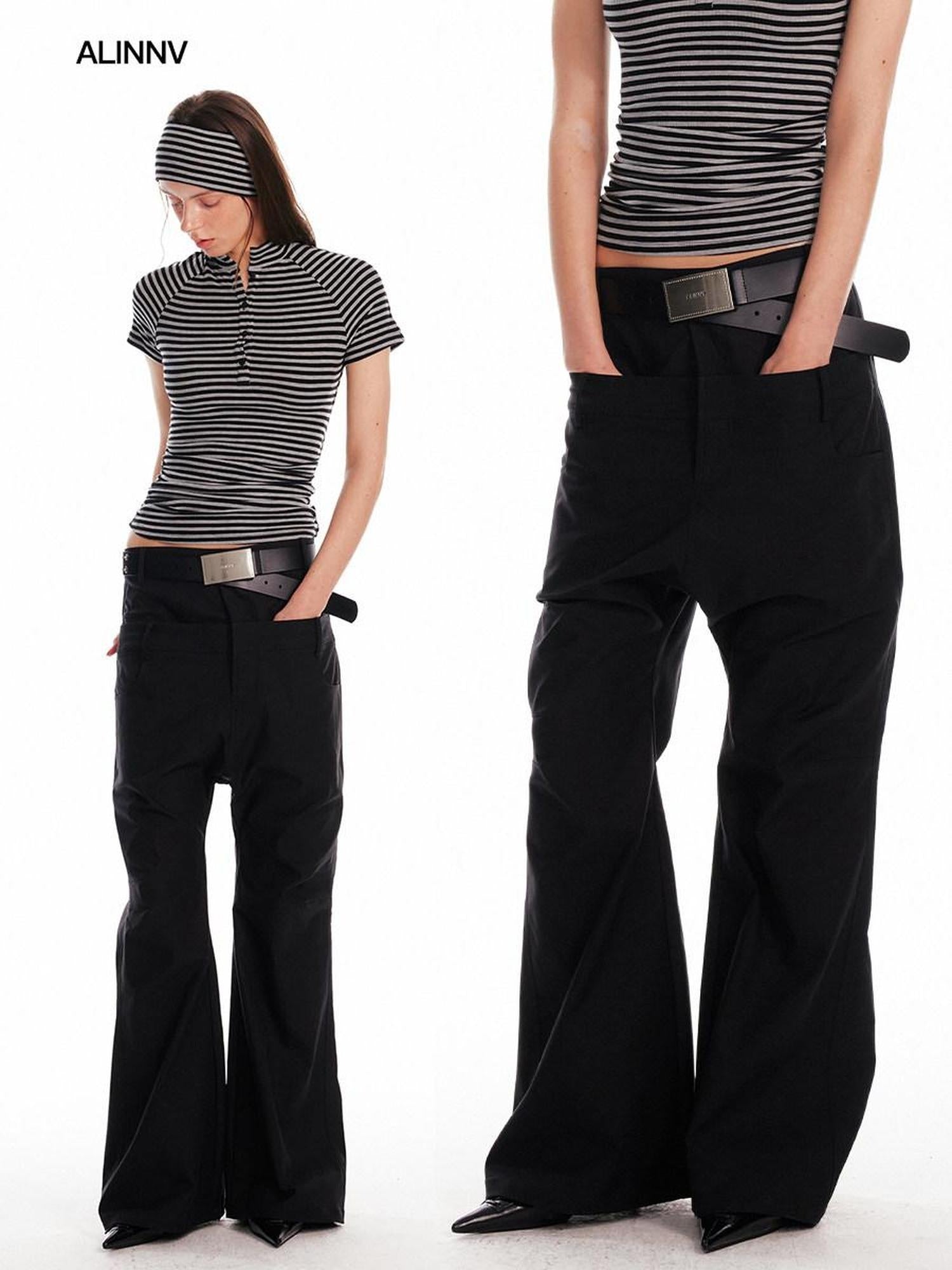 ALINNVSTUDIO Low Rise Baggy Loose Commuter Black Zippered Pockets Cargo Pants