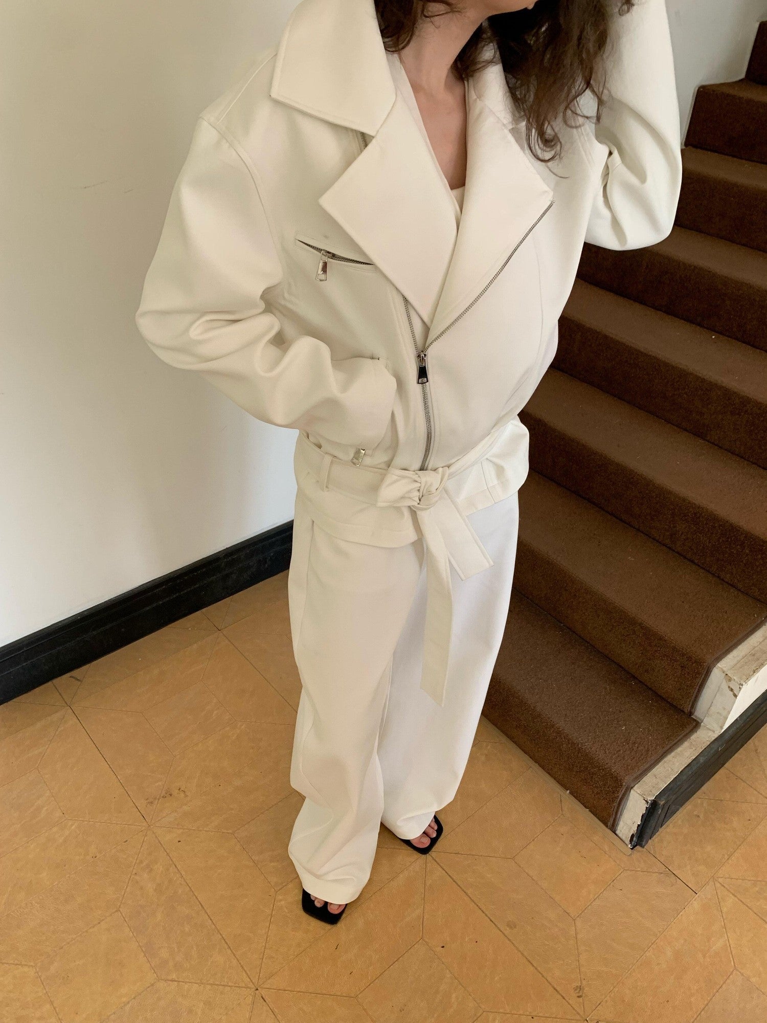 BUZHOU 100% Cotton Lapel Edgy Biker Short Women White Jacket Cropped Jackets
