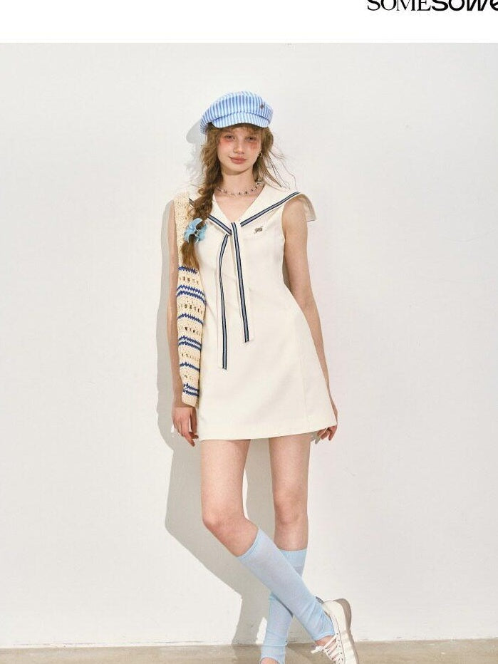 SOMESOWE Chic Sleeveless A Line Preppy Navy Collar Casual Polyester Mini Dresses